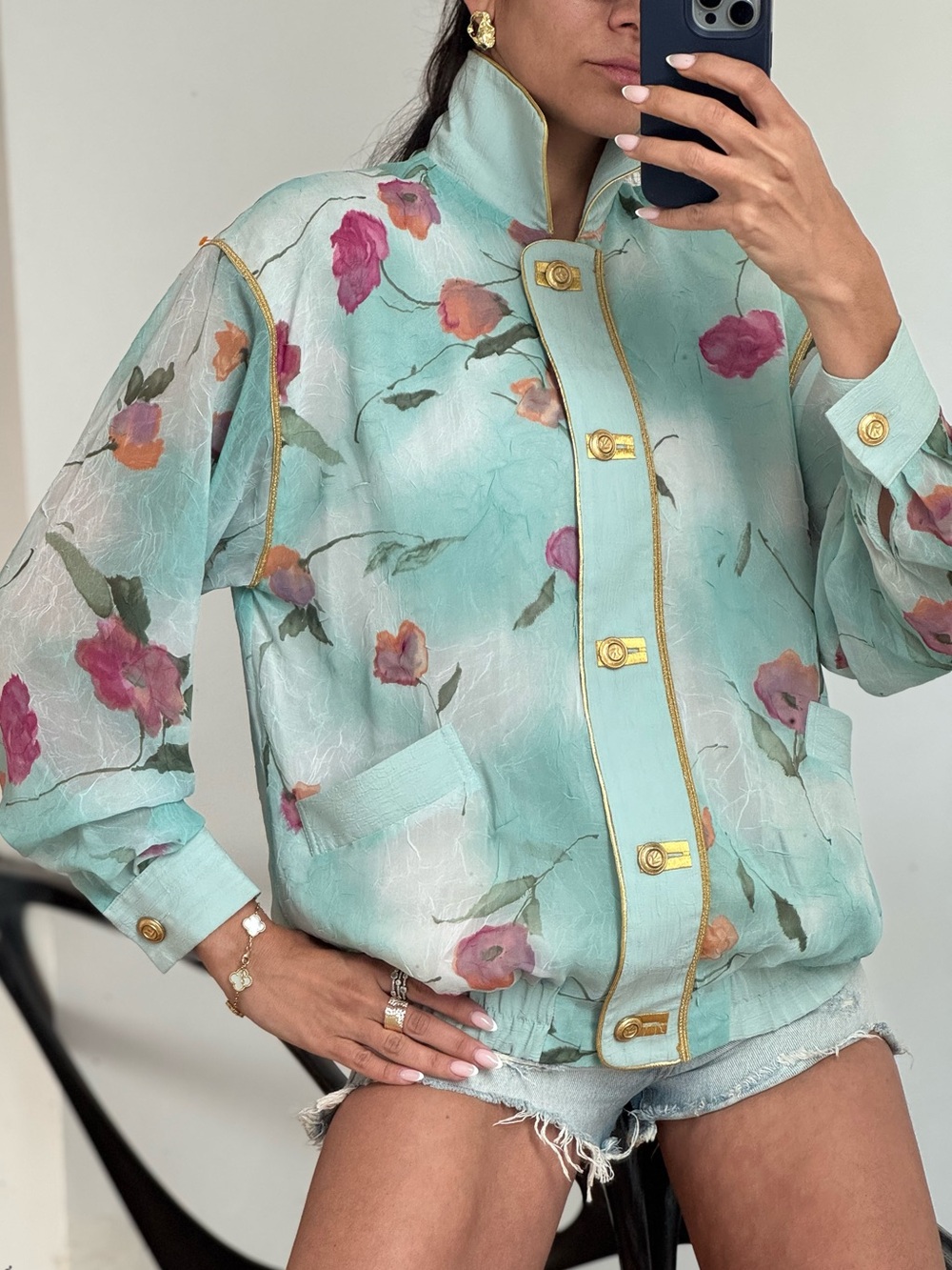 Vintage Mint Floral Bomber Jacket with Pink & Coral Blooms